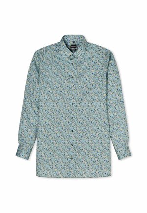 Chemise vert clair à manches longues avec boutons, petit imprimé floral bleu, rose et blanc, col classique.