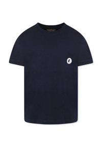T-shirt in cotone blu navy con maniche corte, scollo rotondo e un logo bianco circolare con un'anatra sul lato sinistro del petto.