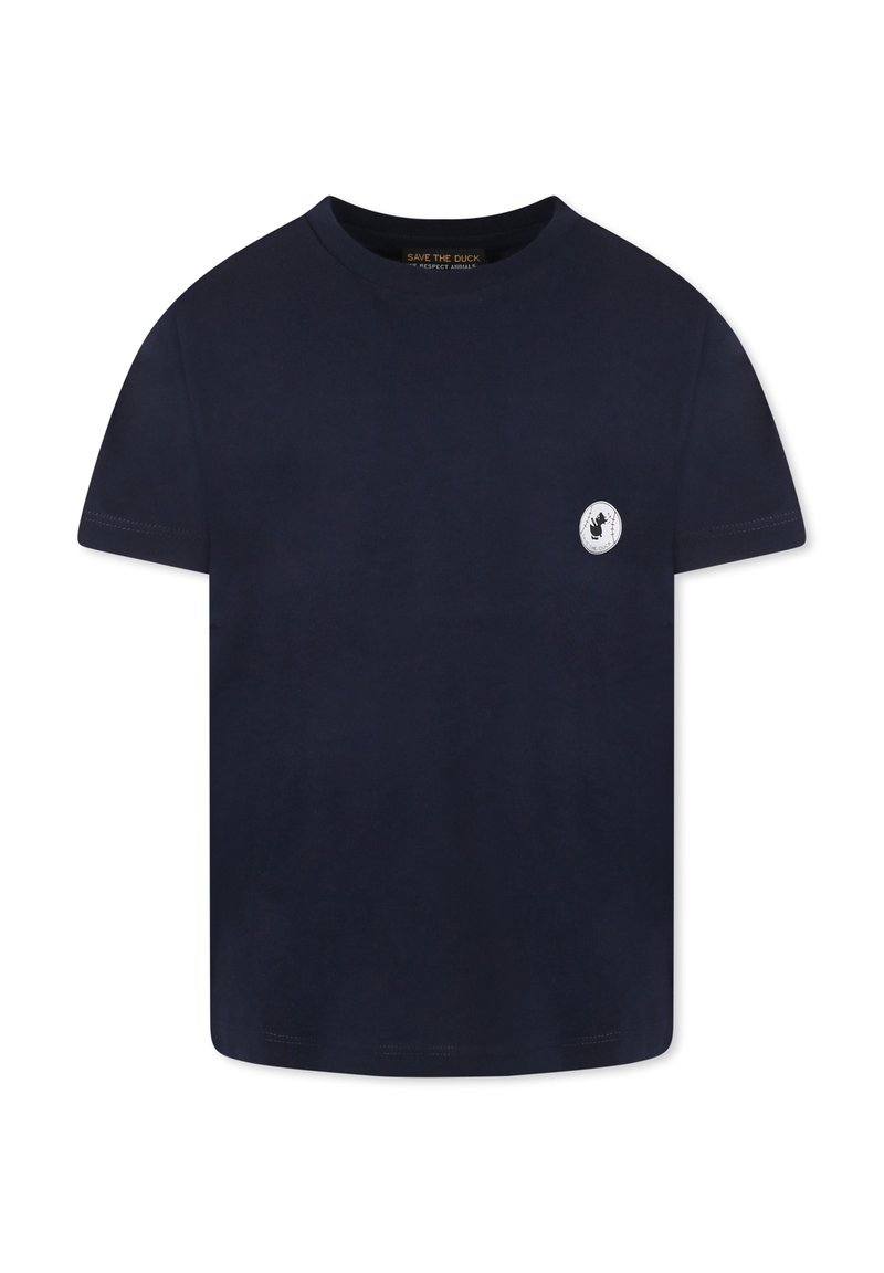 T-shirt in cotone blu navy con maniche corte, scollo rotondo e un logo bianco circolare con un'anatra sul lato sinistro del petto.