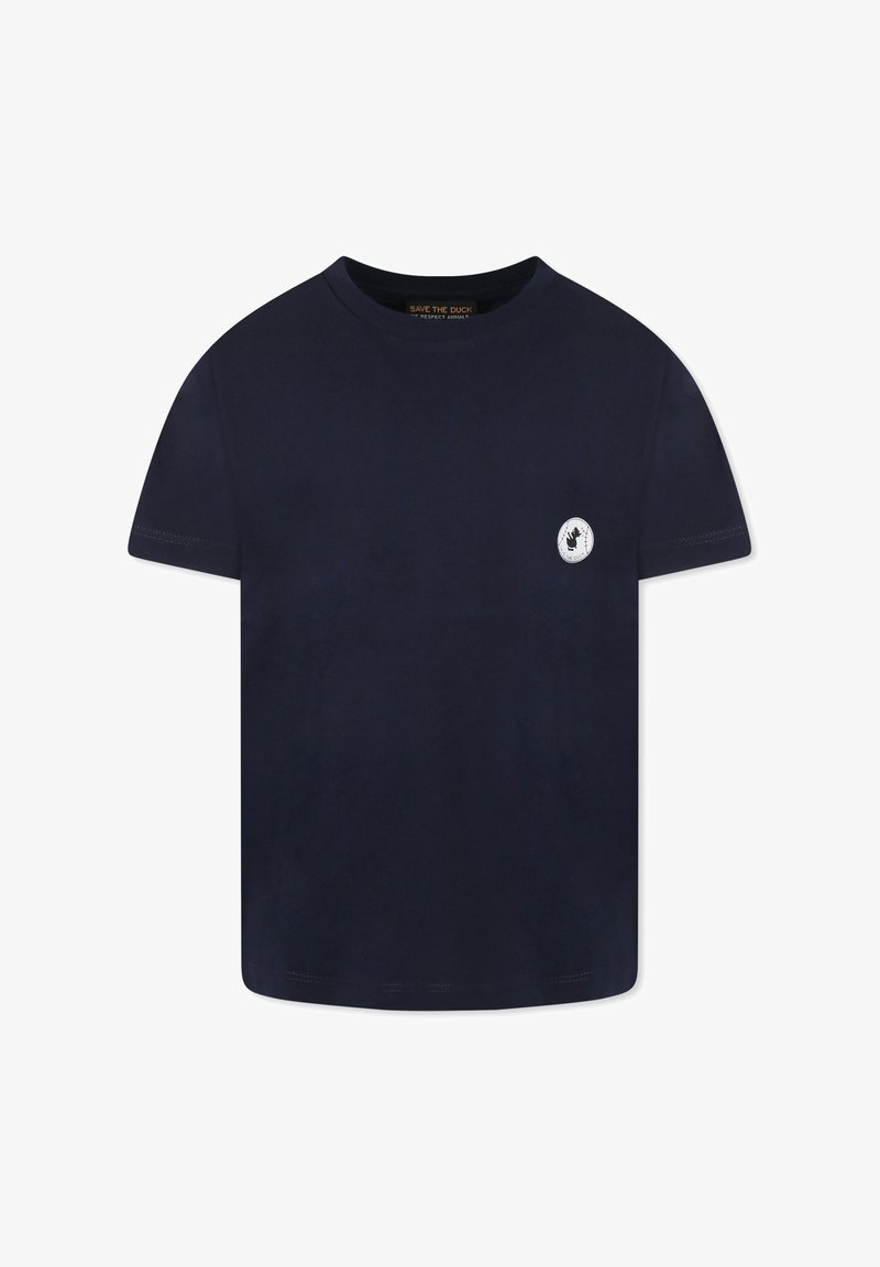T-shirt in cotone blu navy con maniche corte, scollo rotondo e un logo bianco circolare con un'anatra sul lato sinistro del petto.