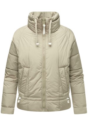 Šviesiai bežinė paminkštinta striukė su aukštu apykakle, priekyje su užtrauktuku ir dviem šoniniais kišenėmis. Yra subtilių siuvinėjimo raštų ir reguliuojamų virvių.