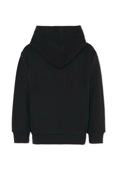 Felpa nera con cappuccio, maniche lunghe, polsini e orlo a coste, vista da dietro su sfondo bianco.