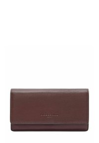 Bordeauxrotes Lederportemonnaie mit glatter Oberfläche, rechteckiger Form und geprägtem Markennamen auf der Vorderseite. Überschlagverschluss.