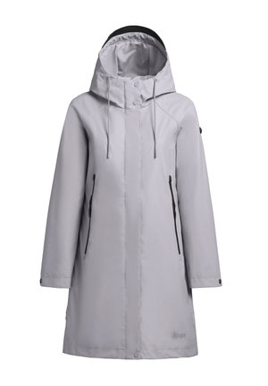 Manteau imperméable gris clair avec capuche, poches zippées et accents noirs. Texture lisse et design longueur genoux.