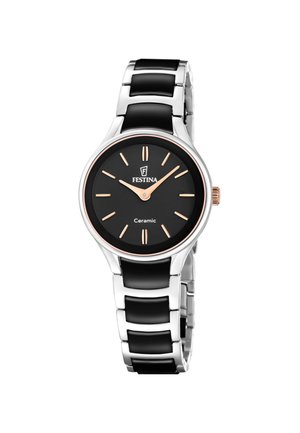 Festina zapestna ura s črnim keramičnim številčnikom in ohišjem v srebrni barvi, rožnato zlati kazalci in oznakami ter zapestnico iz kovine s črnimi keramičnimi dodatki.