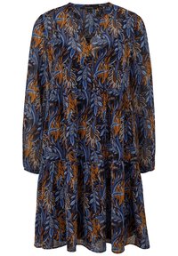 Robe à manches longues en tissu transparent bleu marine, ornée d'un motif complexe de feuilles orange et bleues, avec une jupe à volants.