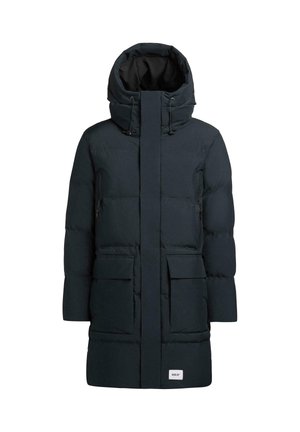 Dark blue puffer coat with a high collar, large front pockets, and a zippered front. Features a drawstring hood and smooth texture.