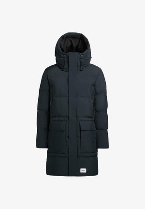 Dark blue puffer coat with a high collar, large front pockets, and a zippered front. Features a drawstring hood and smooth texture.