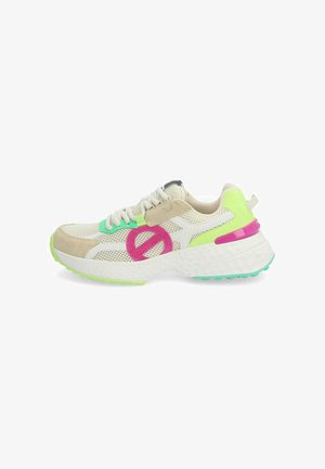 Sport sneaker with a beige mesh and suede upper, featuring neon green accents, a pink logo, and a textured white sole with traction.