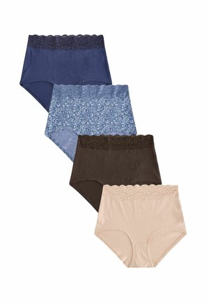 Vier paren dameshoge taille onderbroeken in marineblauw, blauw met bloemen, donkerbruin en huidskleur, met kantafwerking bij de tailles.