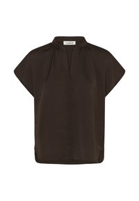 Braune kurzärmelige Bluse mit lockerem Schnitt, Stehkragen, plissierten Details an den Schultern und geradem Saum. Hergestellt aus leichtem Stoff.