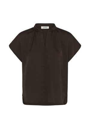 Bruine blouse met korte mouwen, een ontspannen pasvorm, een mandarijnkraag, geplooide details op de schouders en een rechte zoom. Gemaakt van lichtgewicht stof.