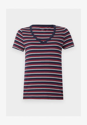 T-shirt bleu marine à col en V, manches courtes, avec des rayures horizontales blanches, rouges et bleu clair.