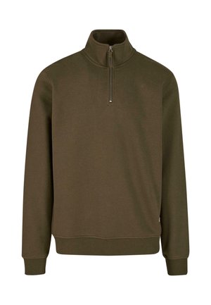 Olivno zelena majica s četrt zadrgo in dolgimi rokavi, z rebrastimi manšetami in robom, narejena iz mehkega materiala, z udobno srebrno zadrgo na ovratniku.