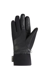 Gants noirs avec une paume en cuir et un dos en tissu doux et texturé. Comprennent un détail de couture et une petite étiquette en boucle pour attacher.