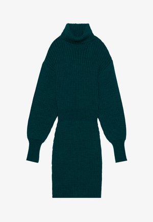 Tökéletesen formázott, magas gallérral és ballon ujjal rendelkező, teal színű, bordázott kötött ruha. A derék része feszes, a texturált anyag pedig extra dimenziót ad hozzá.