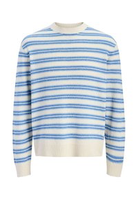 Pull en maille couleur crème avec des rayures horizontales bleu clair, col rond, poignets et ourlet côtelés.