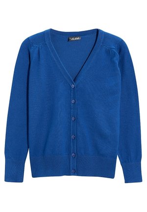 Cardigan bleu à col en V avec manches longues et six boutons devant, doté de poignets et d'un ourlet côtelés.