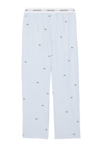 Lichtblauwe gestreepte pyjamabroek met een witte elastische tailleband. Bevat kleine groene krokodillenlogo's die gelijkmatig over de stof verspreid zijn.