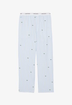 Pantaloni da pigiama a righe blu chiaro con una cintura elastica bianca. Presentano piccoli loghi di coccodrillo verdi distribuiti uniformemente sul tessuto.