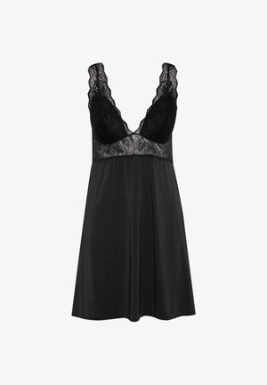 Black nightdress featuring a lace detail bodice, adjustable straps, and a flowing satin fabric. V-neckline with scalloped lace trim.