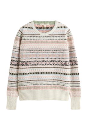 Pullover mit Rundhalsausschnitt und langen Ärmeln, mit gerippten Bündchen und Saum, mit horizontalen pastellfarbenen und dunklen gemusterten Streifen auf hellem Hintergrund.