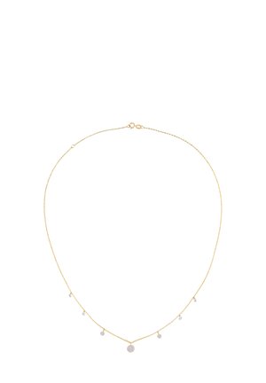 Goldene Halskette mit einer zarten Kette und fünf kleinen, glänzenden, kreisförmigen Anhängern in unterschiedlichen Größen.