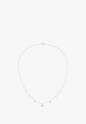 Kuldmetallist kaelakee, millel on õrn ketike ja viis väikest, läikivat ümmargust ripatsit erineva suurusega.