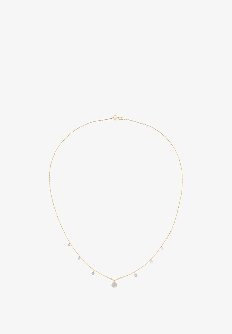 Collar de metal dorado que presenta una delicada cadena con cinco pequeños colgantes circulares brillantes de diferentes tamaños.