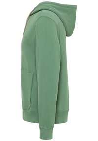 Haut à capuche vert en tissu doux, avec une poche kangourou, une capuche à cordon de serrage, des poignets côtelés et un design décontracté.