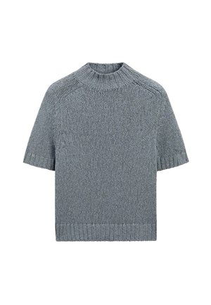 Maglione corto a maniche corte grigio in maglia, con collo alto, polsini e orlo a costine, mostrato disteso su uno sfondo bianco.