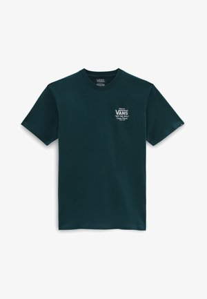 Ciemnozielona koszulka Vans z krótkim rękawem z białym logo „Vans Off The Wall” na piersi oraz małą metką na lewym rękawie. Klasyczny krój, okrągły dekolt.