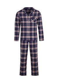 Conjunto de pijama de algodón de dos piezas en cuadros azul marino, blanco y rojo, con una parte superior de botón de manga larga y pantalones a juego.