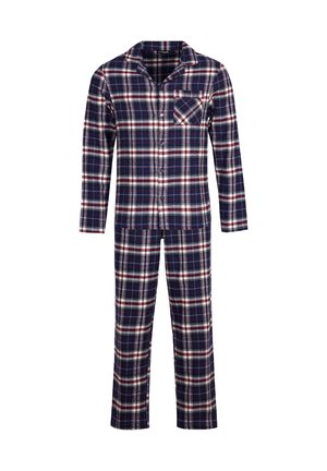 Tweedekleurig nachthemd in marineblauw, wit en rood met een knoopsluiting, lange mouwen en bijpassende broek.