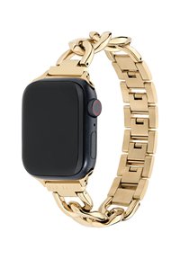 Smartwatch z czarną prostokątną tarczą, połączony ze złotym metalowym paskiem w formie łańcuszka z finezyjnymi ogniwami i zapięciem.