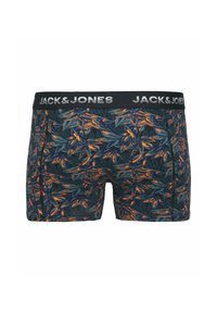 Boxershorts mit einem dunkelblauen Hintergrund, grünen Blättern und orangefarbenen Akzenten, elastischem Bund mit "JACK & JONES" in weißer Schrift.