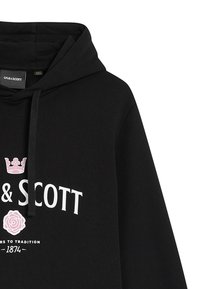 Felpa nera con tasca frontale, decorata con testi e disegni bianchi e rosa, cappuccio con coulisse e materiale in cotone morbido.
