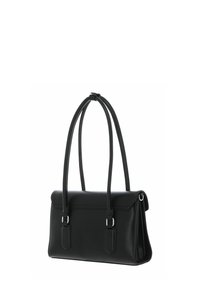 Sac à main rectangulaire noir avec doubles poignées d'épaule et détails de boucle argentée, design structuré et fermeture à rabat.