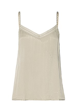 Béžová saténová košilka s tenkými ramínky, texturou svislých proužků a výstřihem do V ozdobeným krajkou.