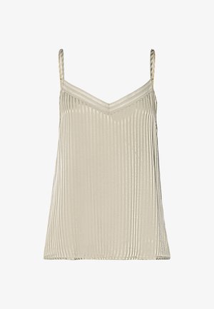 Beigenvärinen satiininen hihaton toppi, jossa ohuet hihnat, pystysuuntainen raidallinen kangas ja pitsireunainen V-pääntie.