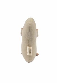 Soft, beige plush toy with a rounded shape, textured fabric, and small, brown feet. A label is visible on the back.
