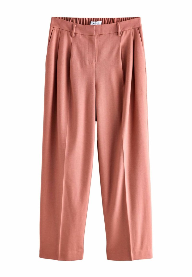 Pantalon taille haute à jambes larges couleur rose poudré avec passants de ceinture et plis devant, en tissu lisse et léger.