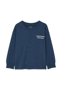 Navy blue long-sleeve shirt made from soft fabric, featuring a crew neckline and "AMERICAN VINTAGE" text printed on the front.