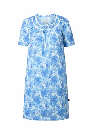 Blaues, kurzärmeliges Kleid mit Blumenmuster, gerafftem Ausschnitt, weißem Spitzenbesatz und locker sitzender Passform bis zum Knie.