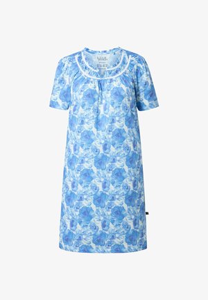 Modré květované šaty s krátkými rukávy, se sešitou výstřihem, bílou krajkovou lemovkou a volným střihem délky ke kolenům.