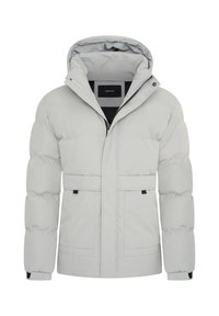 Hellegraue gepolsterte Jacke mit Kapuze, ausgestattet mit einem Frontreißverschluss, zwei großen Taschen und verstellbaren Bündchen. Glatte Textur und elegantes Design.