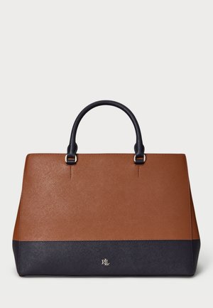 Sac à main en cuir bicolore marron et noir avec deux poignées noires et un petit logo argenté RLL en bas au centre.