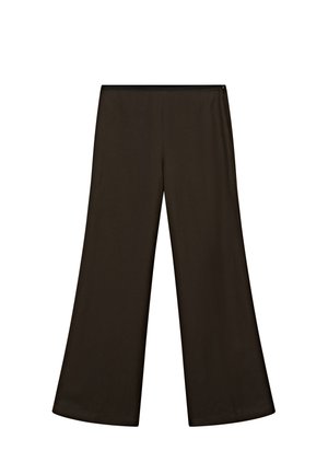 Spodnie typu wide-leg w ciemno-brązowym materiale, charakteryzujące się gładką teksturą i elastycznym pasem dla komfortu. Brak widocznych wzorów lub elementów metalowych.