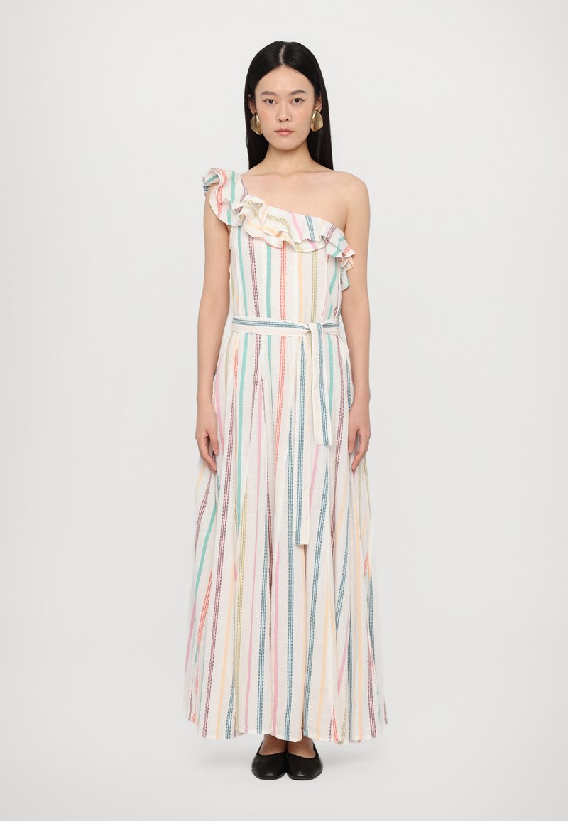 Vestido maxi com um ombro, decote franzido, listras verticais multicoloridas. Cintura ajustada com cinto, tecido leve, comprimento até ao tornozelo.