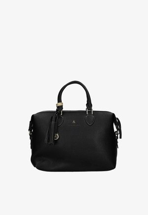 Borsa in pelle nera con trama, manici doppi, decorazione con nappine e sottili dettagli in metallo dorato.